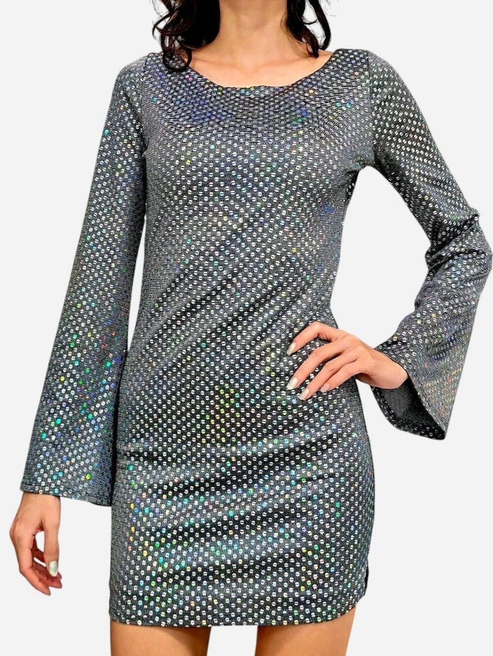 Thirty Thirty LA Sequin Disco Silver Rainbow Iridescent Bell Sleeve Mini Dress S